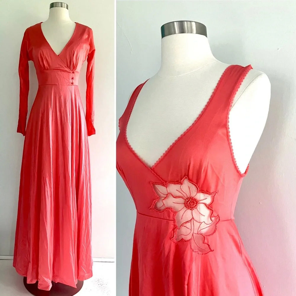 Vintage 70’s coral red orange lace flower slip gown dress & robe jacket set - Picture 1 of 16